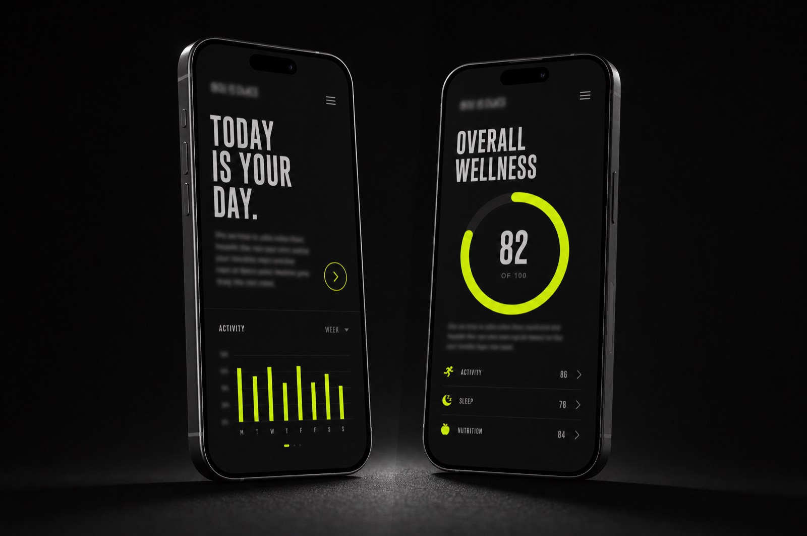 Health app screens on dark background with bold typographic identity
